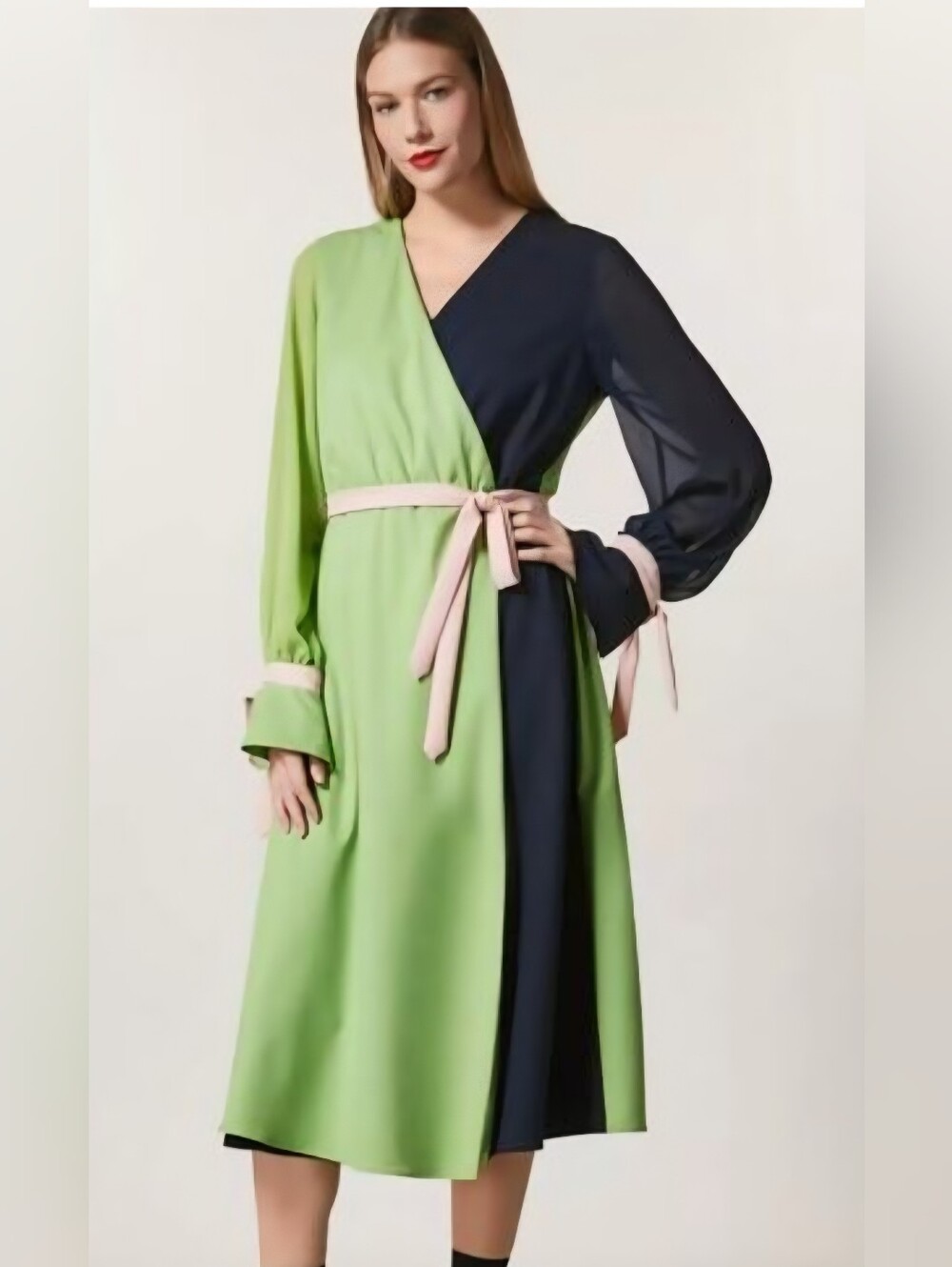 Marina Rinaldi NWT Navy Green Colorblock Wrap Midi Dress 22 with Contrast Tie